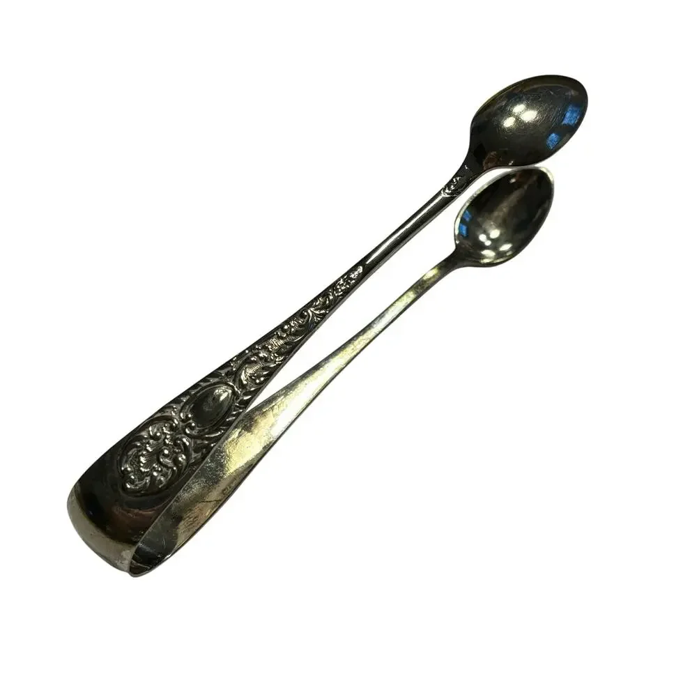 English silver sugar cube tongs EPNS spoon shaped Art Nouveau floral vintage